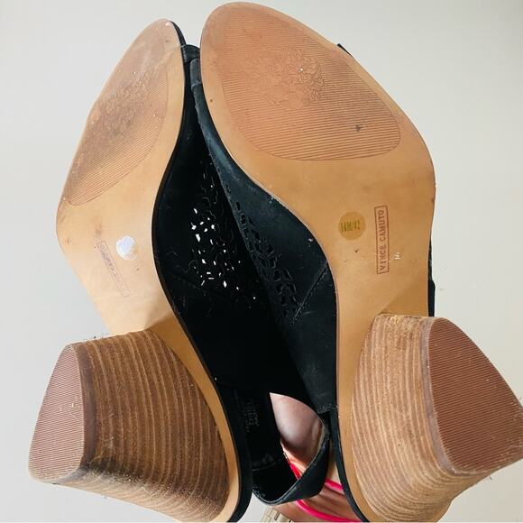VINCE CAMUTO Black Leather Cutout Slingback Open Toe Sandals Chunky Heel Shoe 10 - Picture 6 of 14